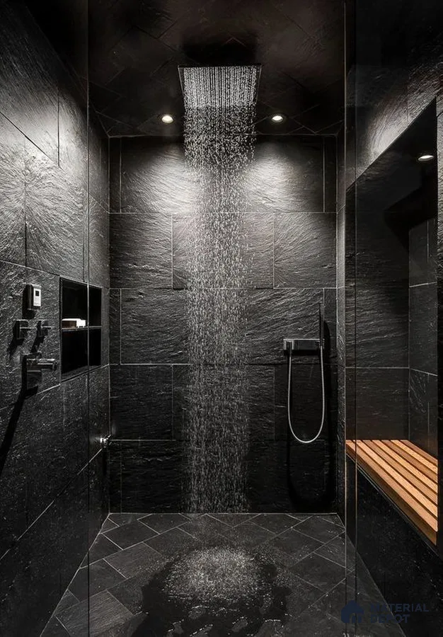 a bathroom with a large tub in the middle of the room and two sinks and two sinks on the wall next to a bathtub in front of a large window that has a wooden stool in a window